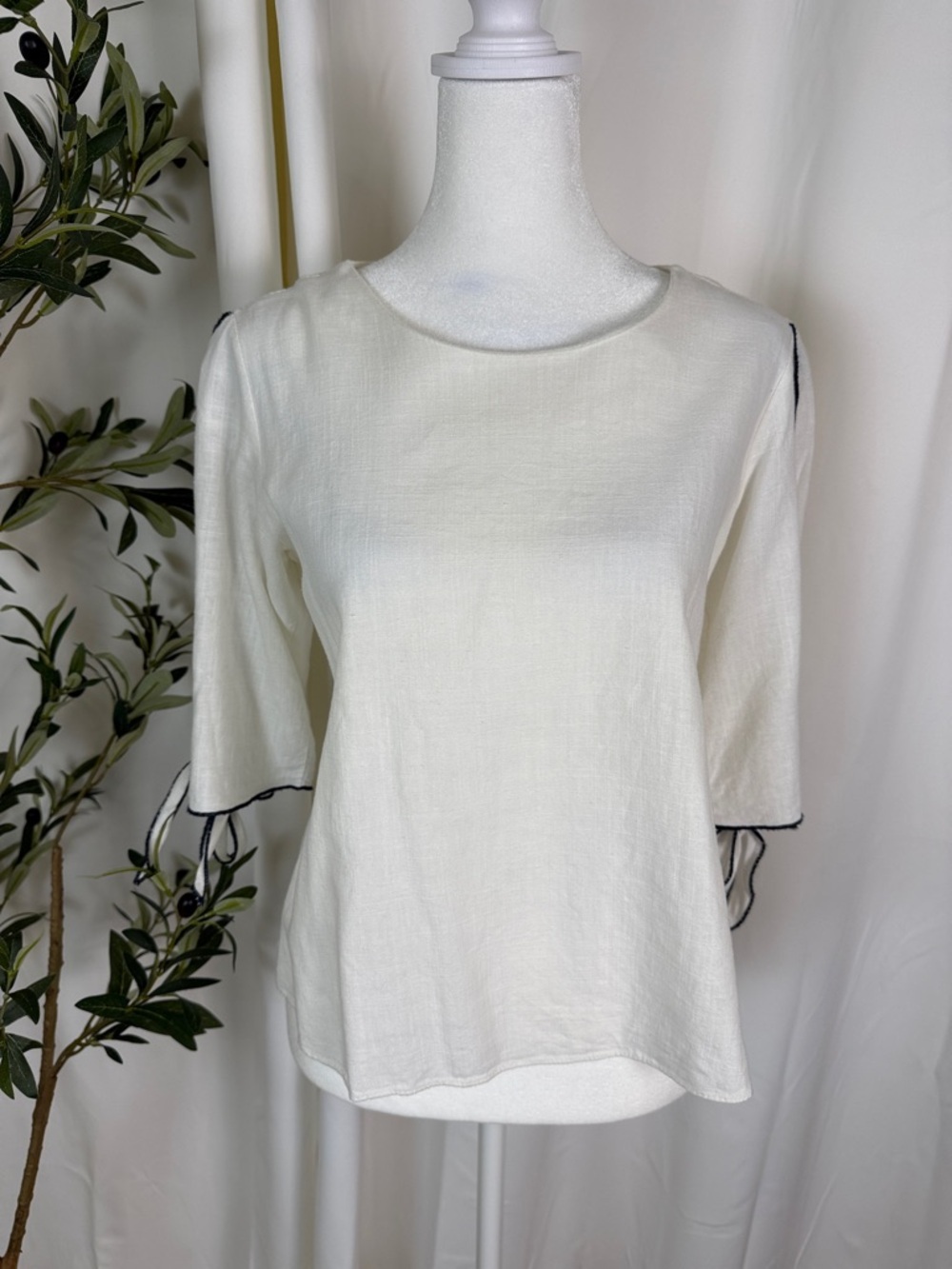 Women's Off White Linen-Blend Tie Sleeve Top Sz S/M (T6)